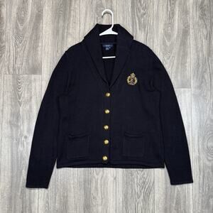 Chaps Cardigan Sweater Womens Sz XL Navy Gold Button Shawl Collar Crest Nautical